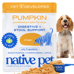 Native Pet Citrouille pour Chiens – poudre prête à l’emploi, facilite la digestion.