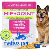 Native Pet hanche-articulation-poudre, soutien potentiel à la mobilité des chiens âgés.