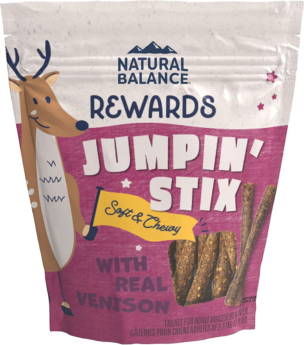 Friandises Jumpin' Stix Natural Balance : sachet venaison 4 oz pour chiens adultes, goût appétissant.
