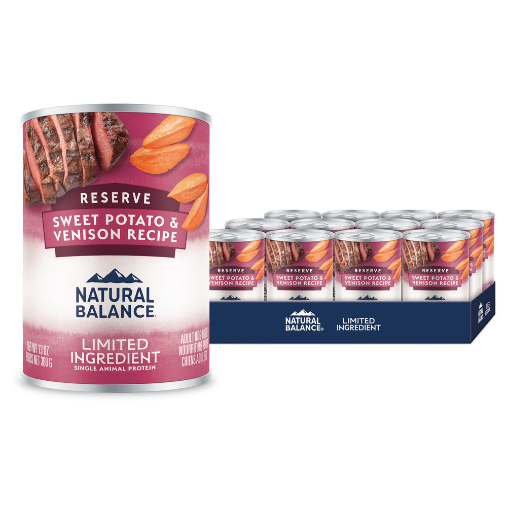 Natural Balance patate douce et venaison, boîte 13oz, soutien digestif potentiel.