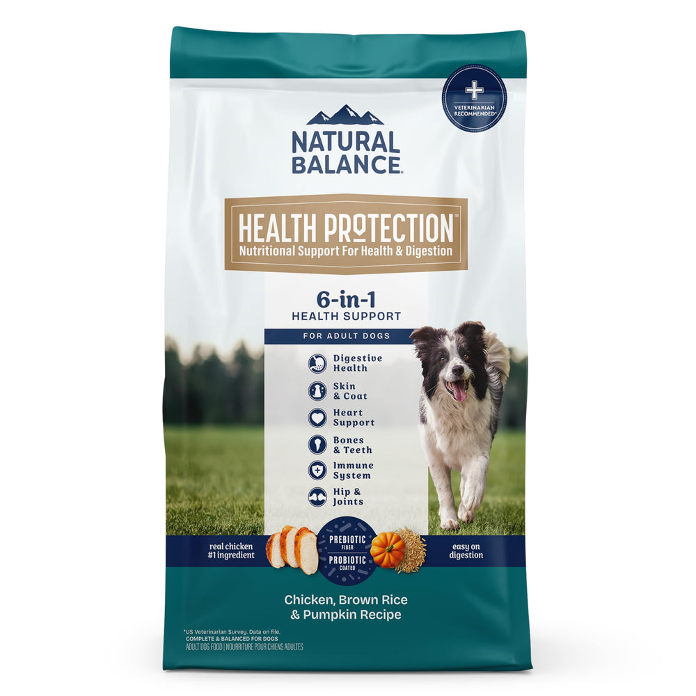 Natural Balance Health Protection: croquettes poulet-riz-citrouille pour digestion douce.
