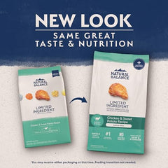 Natural Balance sac 12 lb montrant option sans grains.