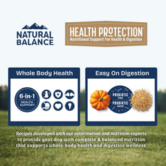Natural Balance Santé Protection saumon, riz brun et potiron pour une nutrition complète.