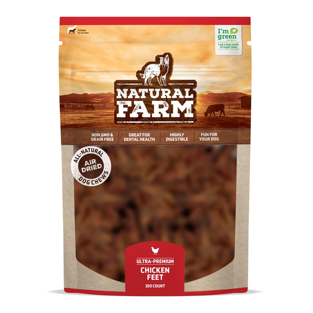 Natural Farm pattes de poulet sans ongles – 100 paquets, digestibles et riches en protéines pour chiens actifs.