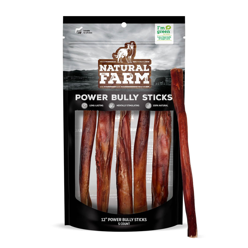 Natural Farm Power Bully Sticks: joue de boeuf enrobee, texture double pour mastication prolongée.