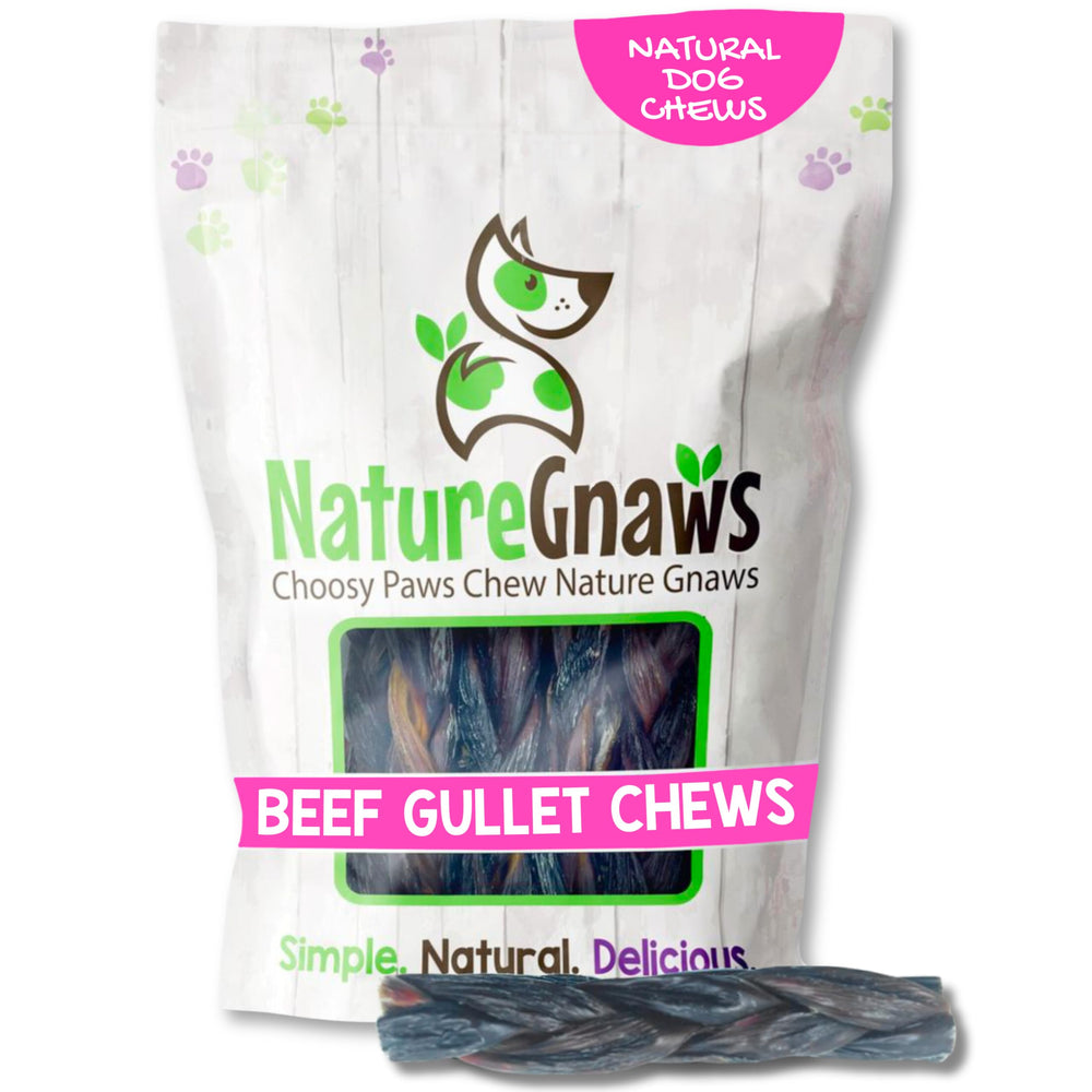 Nature Gnaws bouchées tressées de bœuf pour chien, texture naturelle et récompense durable.