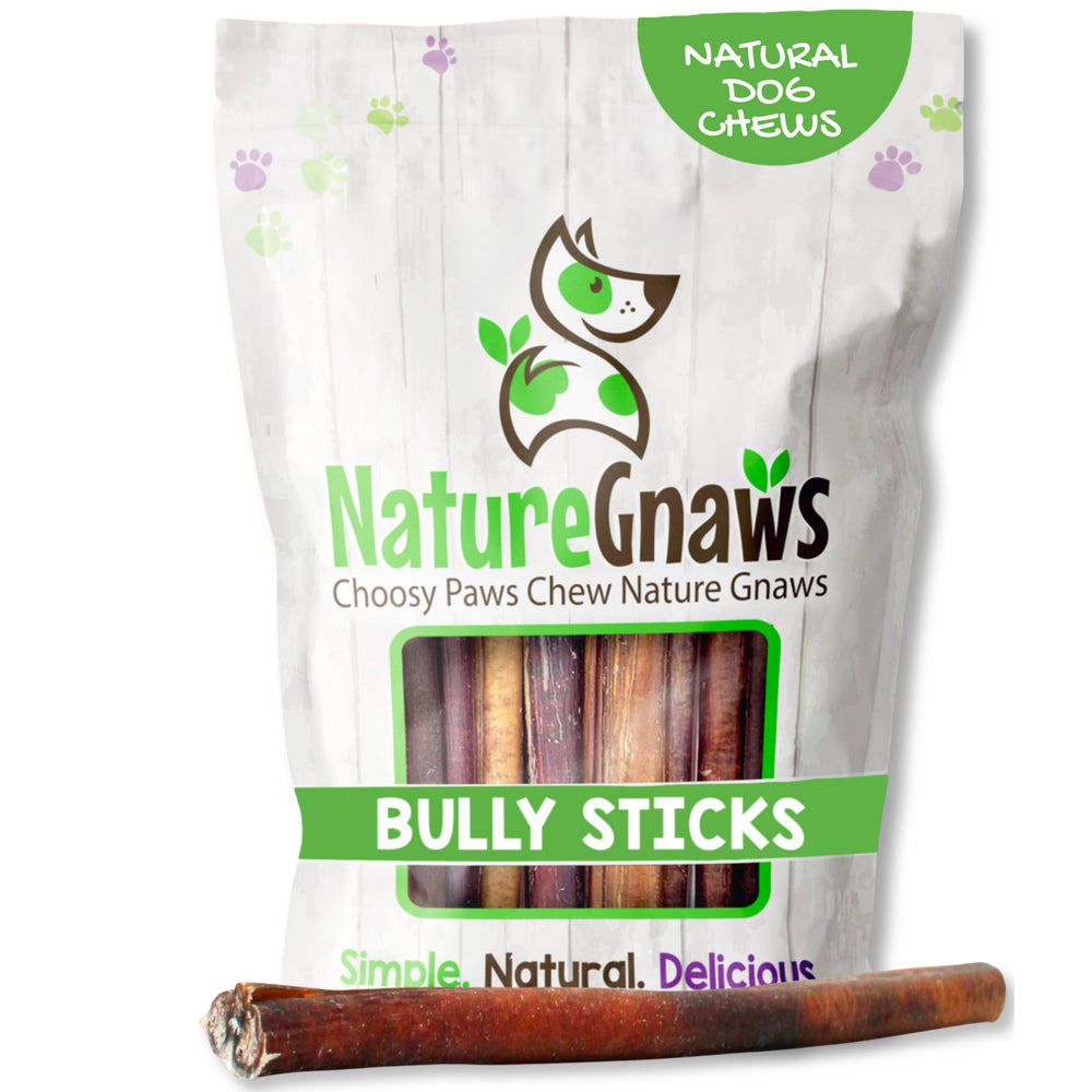 Nature Gnaws Bully Sticks 11-12 pouces en sac, récompense durable pour gros chiens.