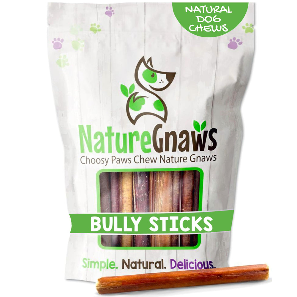 Nature Gnaws Bully Sticks emballage 5-6 pouces, friandise longue durée pour chiens actifs.