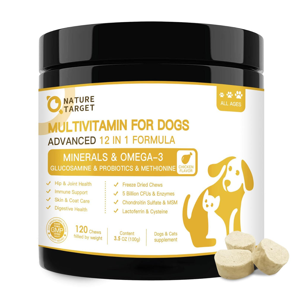 Nature Target: emballage des bouchées multivitaminées 12 en 1 pour chiens.