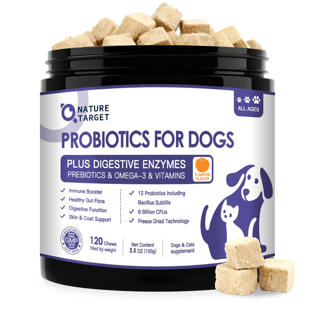 NATURE TARGET Probiotiques pour chiens, bouchons saveur citrouille, soutien digestif agréable.