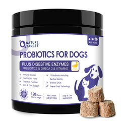 NATURE TARGET Probiotiques pour chiens: bouteille lyophilisée soutenant digestion et vitalité.