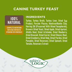 Nature's Logic ingrédients naturels avec fruits et légumes pour un équilibre nutritionnel.