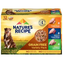Nature’s Recipe variete poulet-venaison-canard sans grain, portions pratiques pour repas quotidiens.
