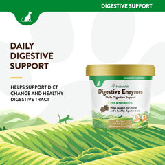 NaturVet Digestive Enzymes Plus Probiotic, emballage clair, idéal lors d'une transition alimentaire.