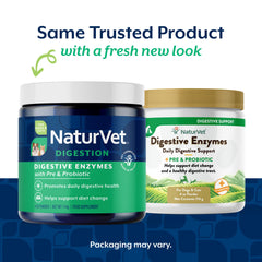 NaturVet enzymes digestives: poudre en vue, idéal pour administration quotidienne.