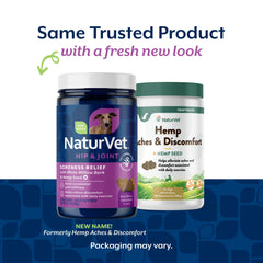 Ingrédients NaturVet: graines de chanvre et glucosamine, soutien possible des articulations.