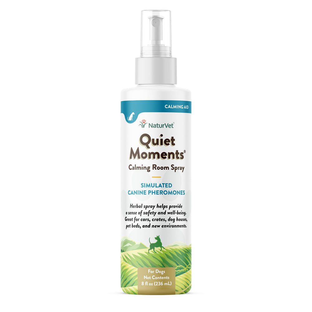 NaturVet Quiet Moments : bouteille spray pour chien, ambiance apaisante dans la pièce.