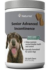 NaturVet Senior Incontinence — pot de friandises, soutien potentiel au contrôle urinaire.