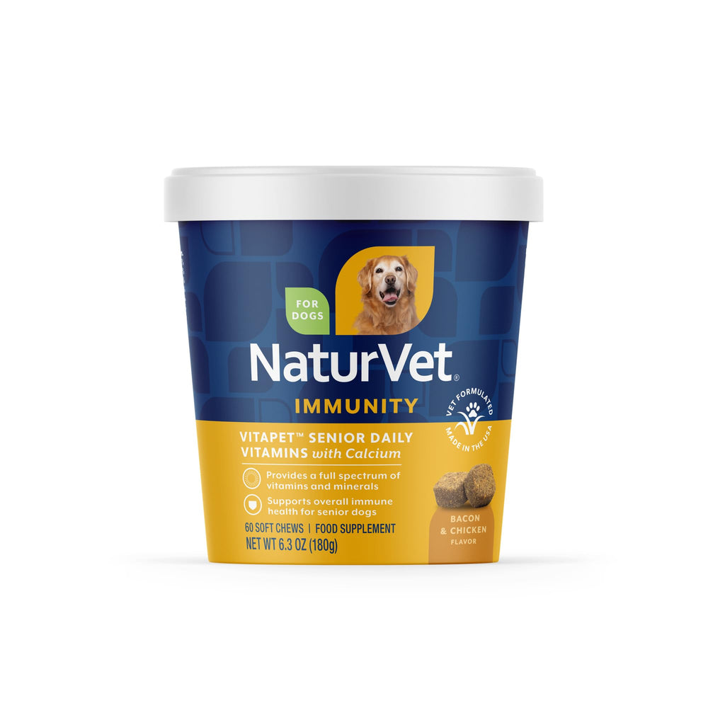 NaturVet VitaPet Senior – bouteille montrée, soutien potentiel à la supplémentation journalière du chien âgé.
