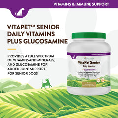 NaturVet VitaPet Senior – étiquette lisible, composants nutritionnels clés.
