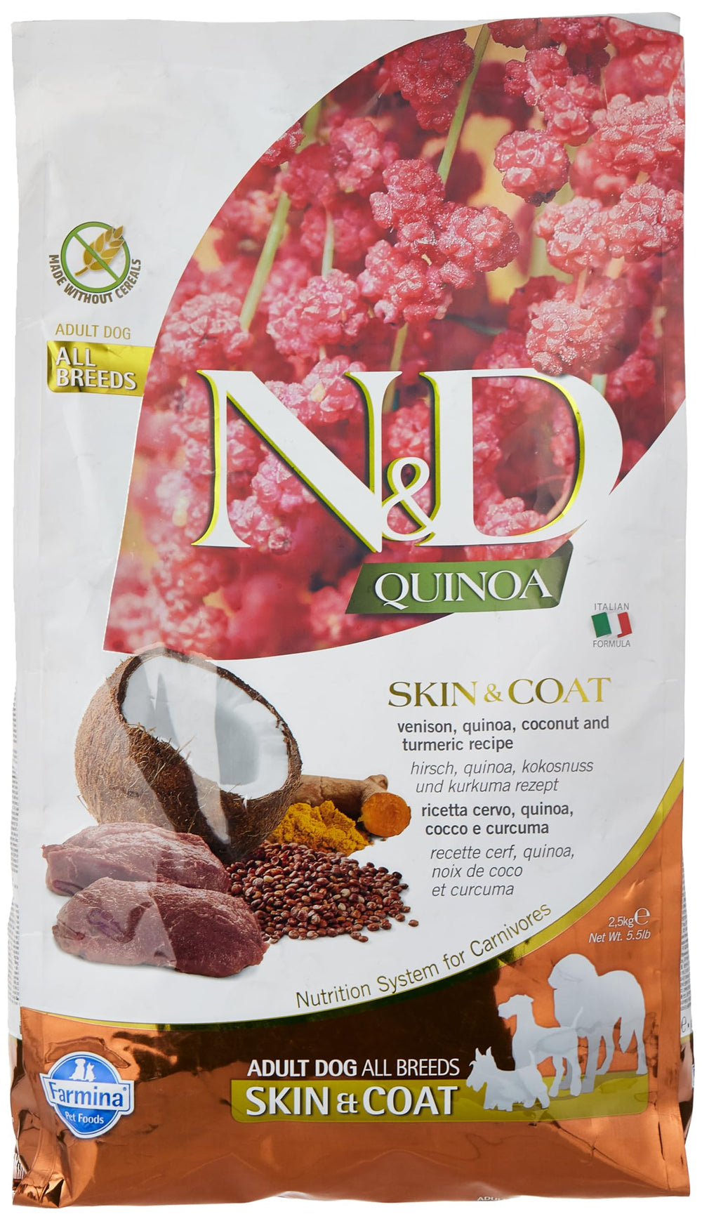 N&D Quinoa SKIN&COAT croquettes à la venaison, texture appétente pour chien adulte.