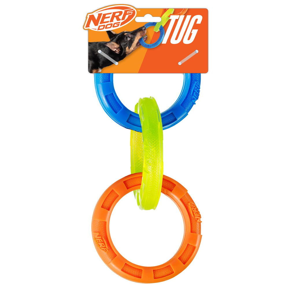 Nerf Dog 3 Anneaux Tug, jouet extérieur durable pour chiens moyens et grands, favorise le jeu actif.