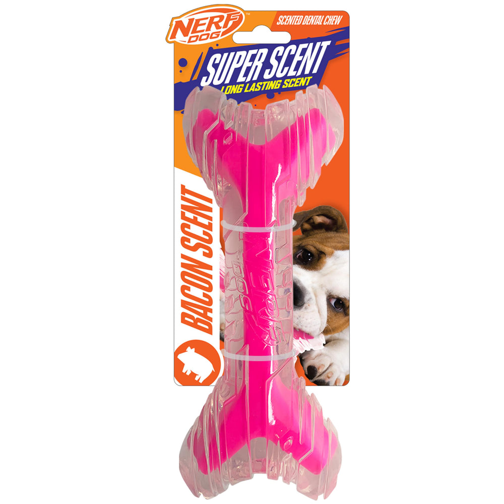 Nerf Dog os senteur bacon rose clair 9po: mordillage durable et stimulation sensorielle.