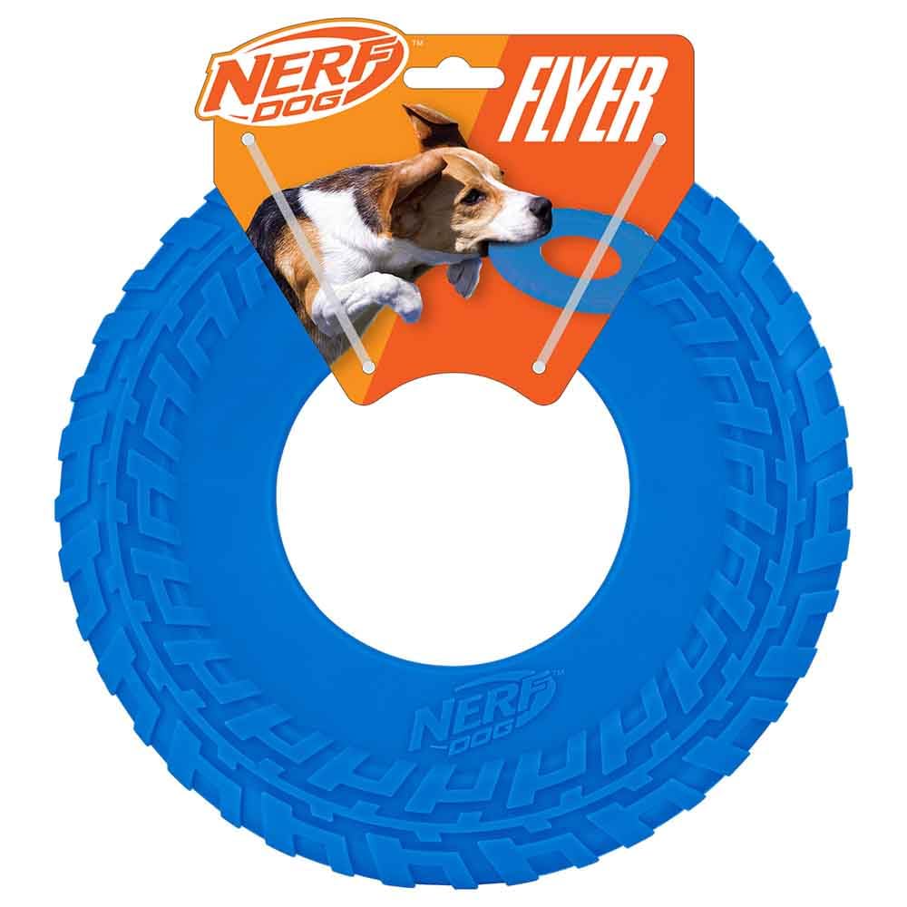 Nerf Dog Tire Flyer: disque-volant bleu de 10 pouces, facile à suivre lors du fetch.