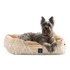 Nicole Miller New York Pet Mod Damask Plushy Bolster Bed vue de dessus taupe confort apaisant