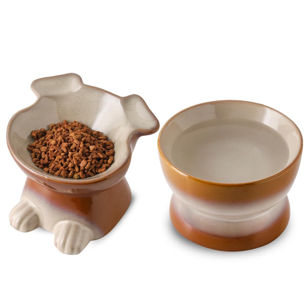 Nihow assiette nourriture chien élevée en céramique marron, meilleure accessibilité pour les petits chiens.