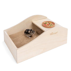 Niteangel Hamster Sand Bath en bois, vue d'ensemble pour le bain et le jeu.