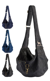 NOAH & PAW sling denim carrier avant: confort élégant pour petit chien en promenade.