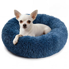 Lit donut Nononfish bleu marine, visage calme d’un petit chien reposé.