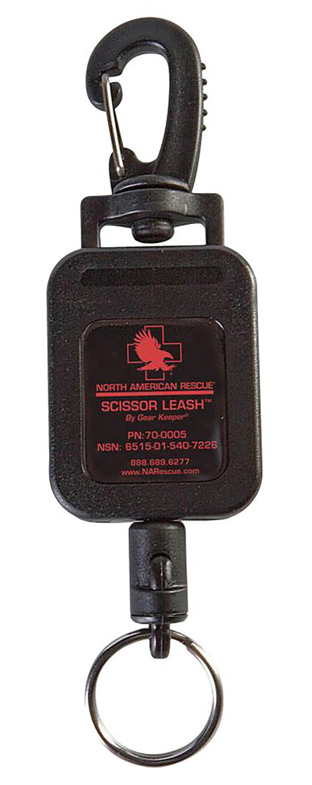 North American Rescue scissor leash avec lanière rétractable et clip, contrôle rapide.