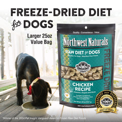 Northwest Naturals morceaux poulet sans cereales, faciles a doser pour les repas quotidiens.