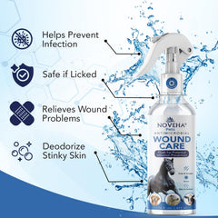 Application du spray NOVEHA sur une plaie du cheval, soulage rapidement.