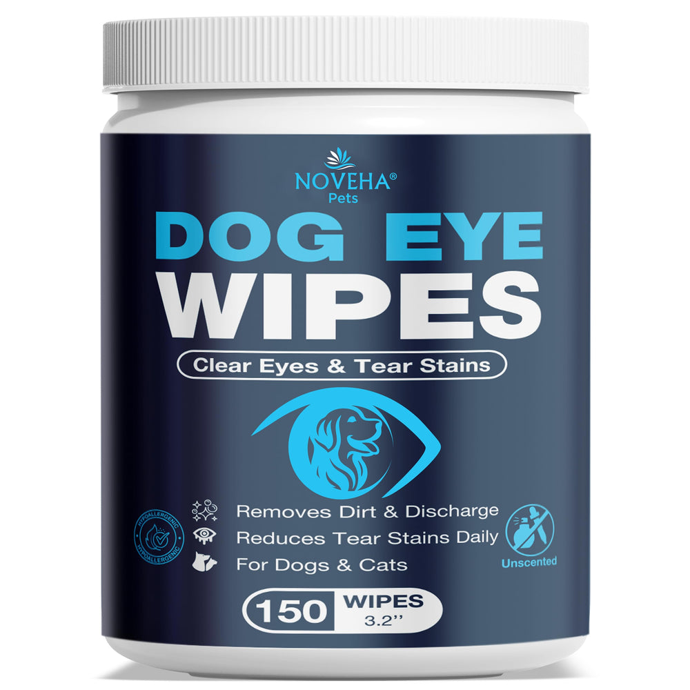 Lingettes yeux chien blanc NOVEHA, pack 150 pièces, nettoyage doux sans rinçage.