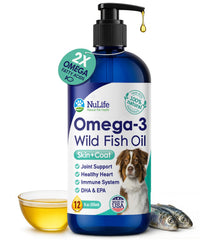 NuLife Oméga3 pour chien — flacon, pelage plus brillant et peau saine.