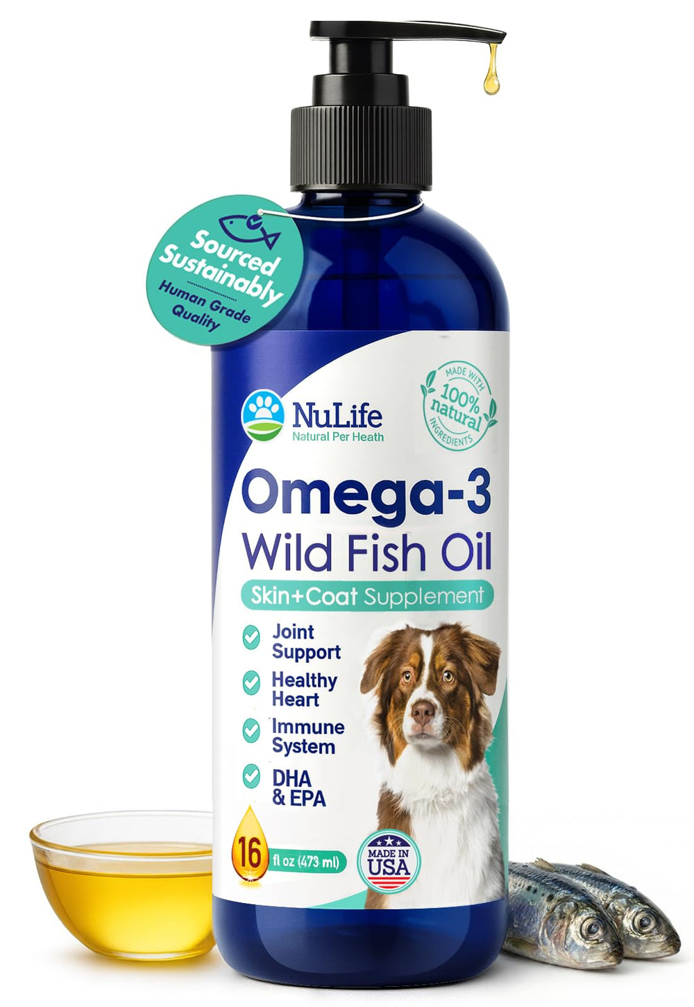 NuLife Huile Poisson Chiens — bouteille montrant le flacon pour un pelage doux.