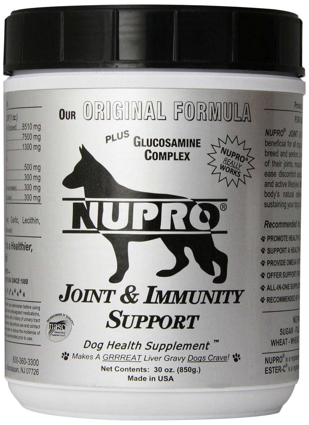 Nupro Joint Support — bouteille montrée, soutien potentiel des articulations pour chiens actifs.