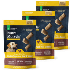 Nutra Morsels de ULTIMATE PET NUTRITION: bouchées au poulet, emballage attractif, favorisant le goût intense.