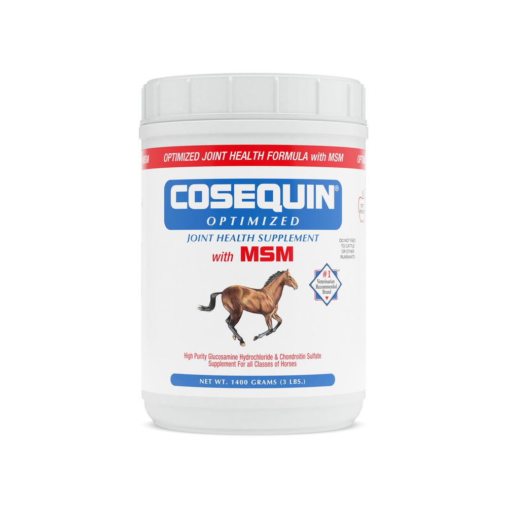 Nutramax Cosequin Optimise MSM poudre : emballage pratique pour administration équine.