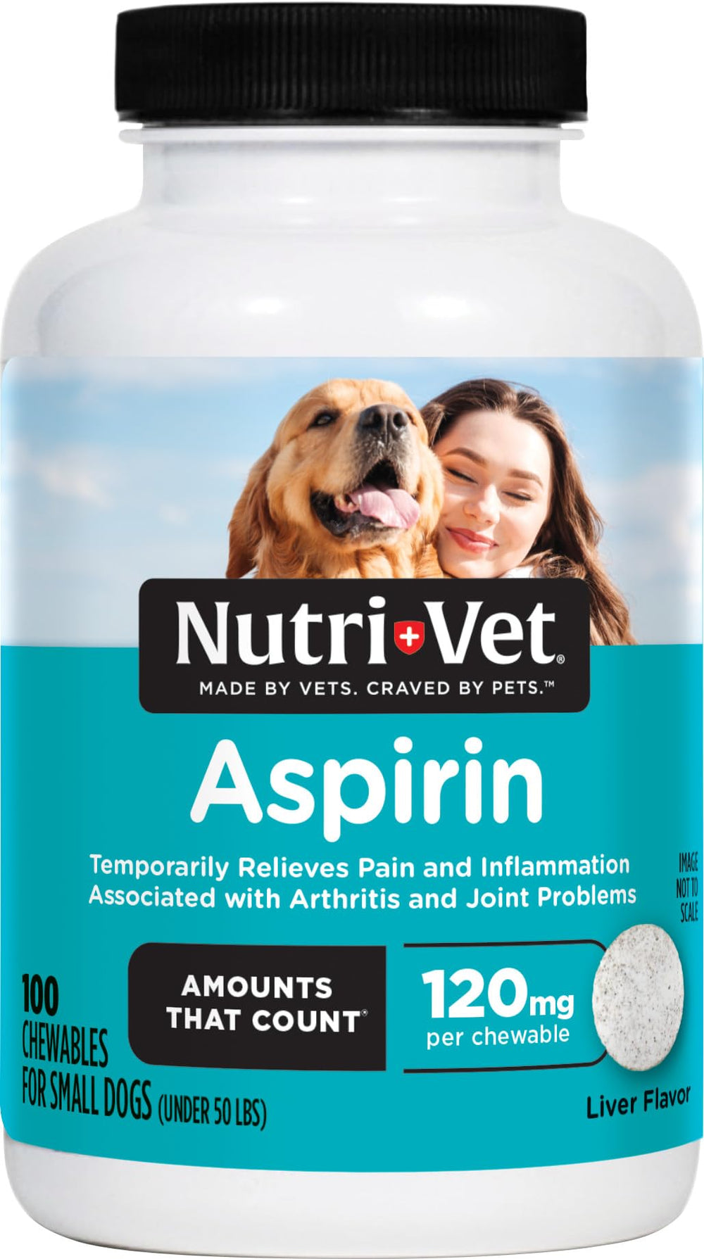 Nutri-Vet Aspirine pour chiens – bouteille et comprimés au goût foie, soutien potentiel pour douleurs.