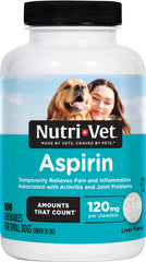 Nutri-Vet Aspirine pour chiens – bouteille et comprimés au goût foie, soutien potentiel pour douleurs.
