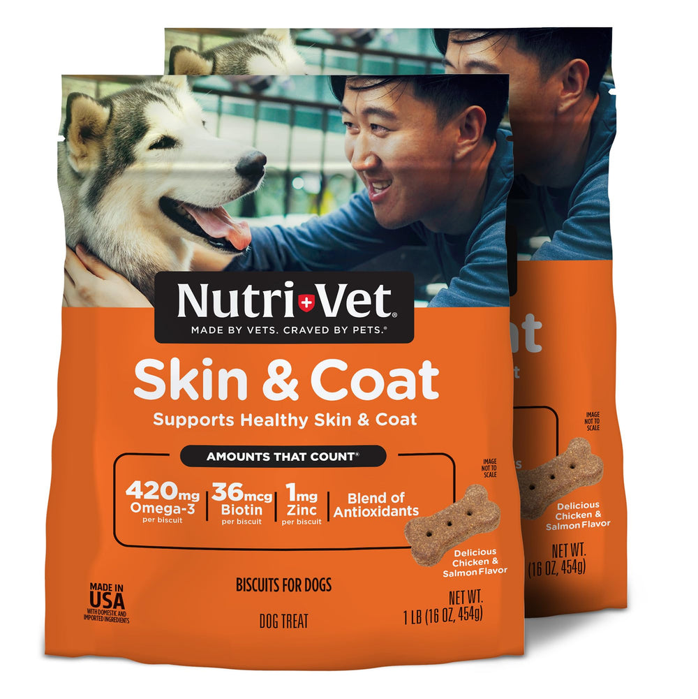 Nutri-Vet Skin & Coat Biscuits – Paquet visible, soutien potentiel du pelage sain et brillant