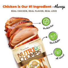 NutriChomps ingrédients: poulet et peau de porc riches en protéines et nutriments.