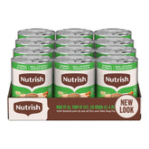 Nutrish - Boîte-conserve poulet et légumes visibles dans une sauce savoureuse, repas complet.