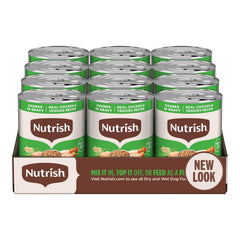 Nutrish - Boîte-conserve poulet et légumes visibles dans une sauce savoureuse, repas complet.