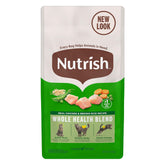 Nutrish chat sec au poulet réel et riz brun, sachet visible, énergie durable.