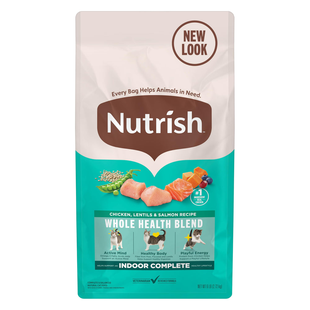 Nutrish Indoor Complete croquettes poulet-lentilles-saumon, sac de 2,72 kg pour chats d'intérieur.